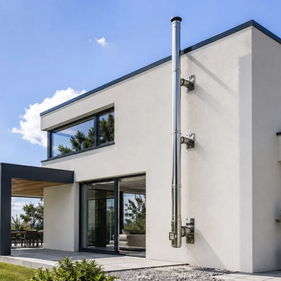 Bild Edelstahlschornstein Doppelwandiger Edelstahlschornstein an modernem Gebäude